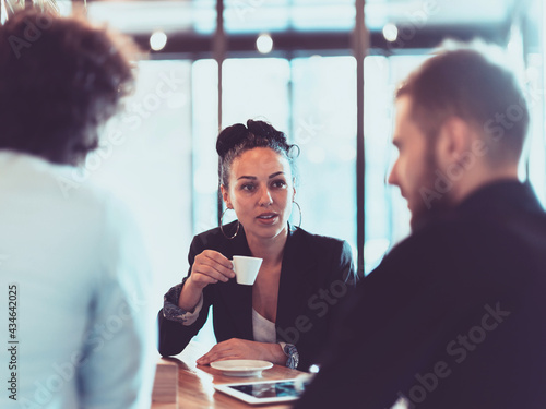 A group of business people on a coffee break use laptops, tablets and smartphones while discussing new business projects.  photo