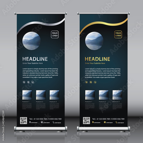 Gold and silver color simple attractive vertical street roll up banner design template vector with image title and description. dark blue black editable colors and photo