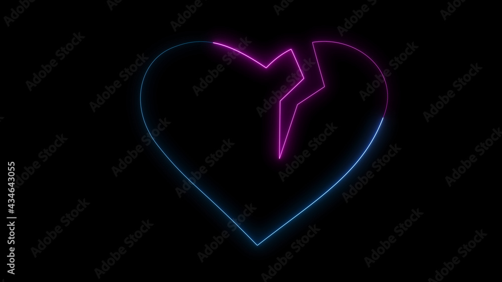 3D rendering glow effects of the contour of the broken hearton a black background. Neon design elements 3D rendering glow effects of the contour of the broken hearton a black background. Neon design elements