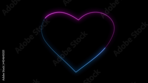 3D rendering glow effects of the contour of the heart on a black background. Neon design elements