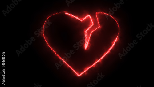 3D rendering glow effects of the contour of the broken hearton a black background. Neon design elements