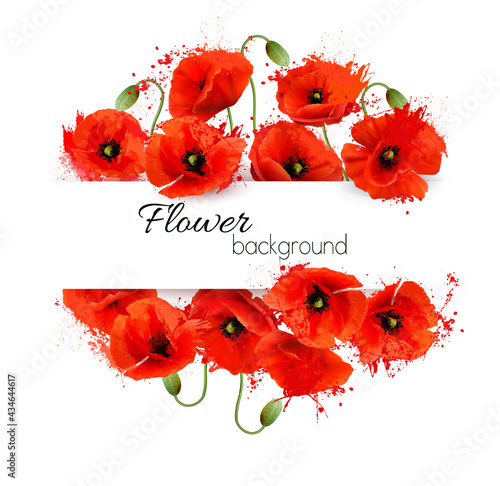 Flower greeting card with red watercolor poppies. Vector.