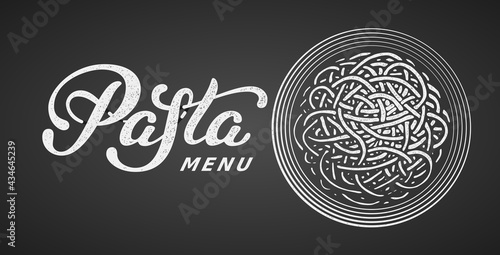Pasta elegant hand written vector lettering isolated on black background with chalk plate of pasta