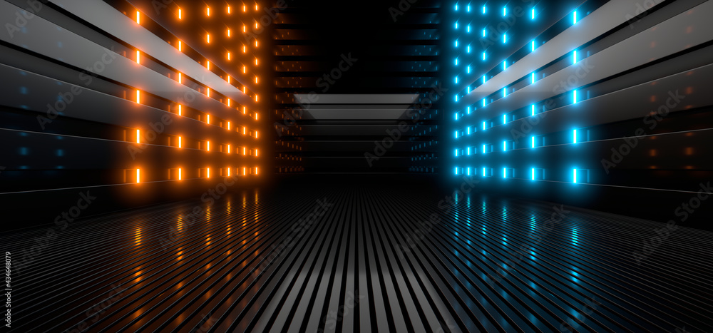 Sci Fy neon lamps in a dark hall. Reflections on the floor and walls. 3d rendering image. Sci Fy neon lamps in a dark hall. Reflections on the floor and walls. 3d rendering image.