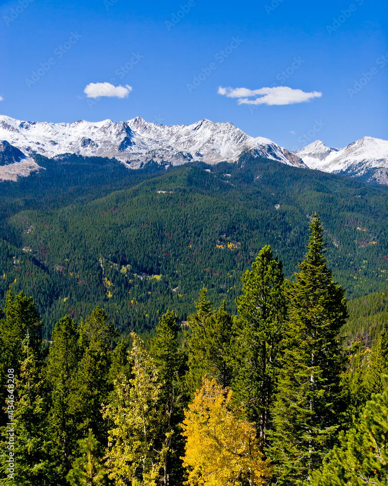 Snow capped Never Summer Range beyond the spruce forests of Rocky Mountain National Park, west of the continental divide, RMNP, Colorado with Mt. Richthofen and Teepee Mountain in the background