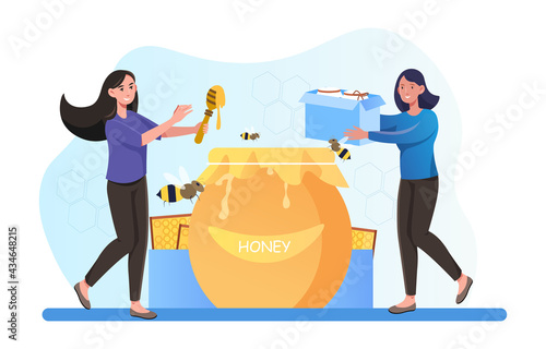 Two smiling female characters extracting and eating honey together