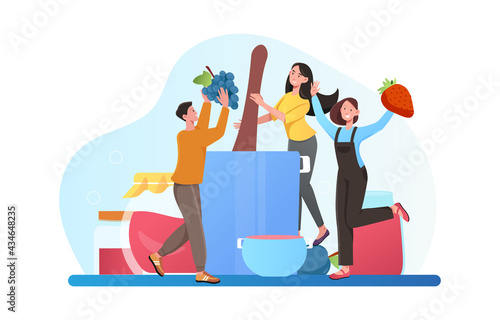 Happy smiling male and female characters are cooking jam together