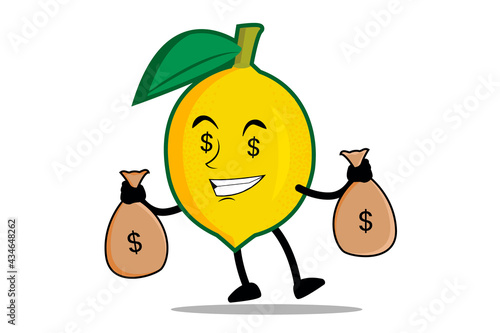 Lemon Cartoon mascot or character carries a sack of money, a paycheck from his business