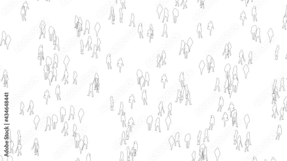 Hundreds of multiracial black and white outlines of people standing in a crowd -animation on the white rotating camera Hundreds of multiracial black and white outlines of people standing in a crowd -animation on the white rotating camera