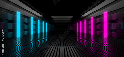 Fototapeta Naklejka Na Ścianę i Meble -  Sci Fy neon lamps in a dark hall. Reflections on the floor and walls. 3d rendering image.