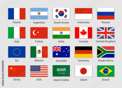 Vector G20 country flag Mexico, USA, Canada. G20 flag set icon photo