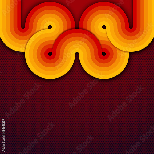 Abstrakcyjne retro tło z geometrycznymi artystycznymi liniami w kolorach: żółtym, pomarańczowym i czerwonym. Tło z deseniem w kropki.