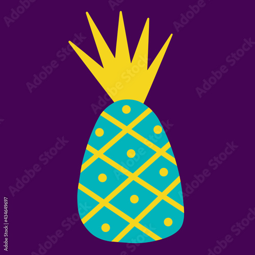 Vector illustration of a bright pineapple. Summer fruit with ornament isolated on a dark background. Flat cartoon style. Exotic tropical print for design and decoration