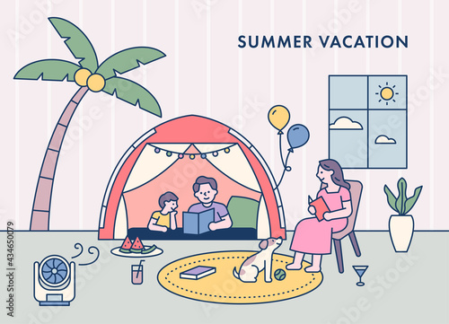 The family is setting up a tent in the house and enjoying their vacation. flat design style minimal vector illustration.
