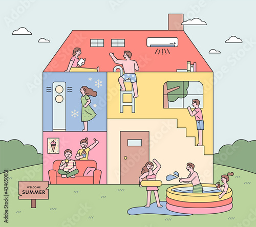 A house with an inside view. People are on vacation at home. flat design style minimal vector illustration.