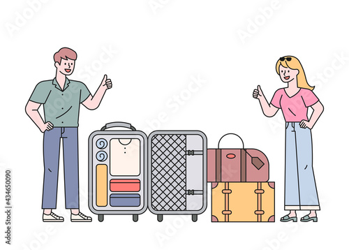 A man and a woman showing a satisfactorily organized bag and raising their thumbs up. flat design style minimal vector illustration.