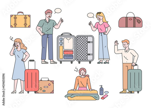 People who pack their bags for travel. flat design style minimal vector illustration.