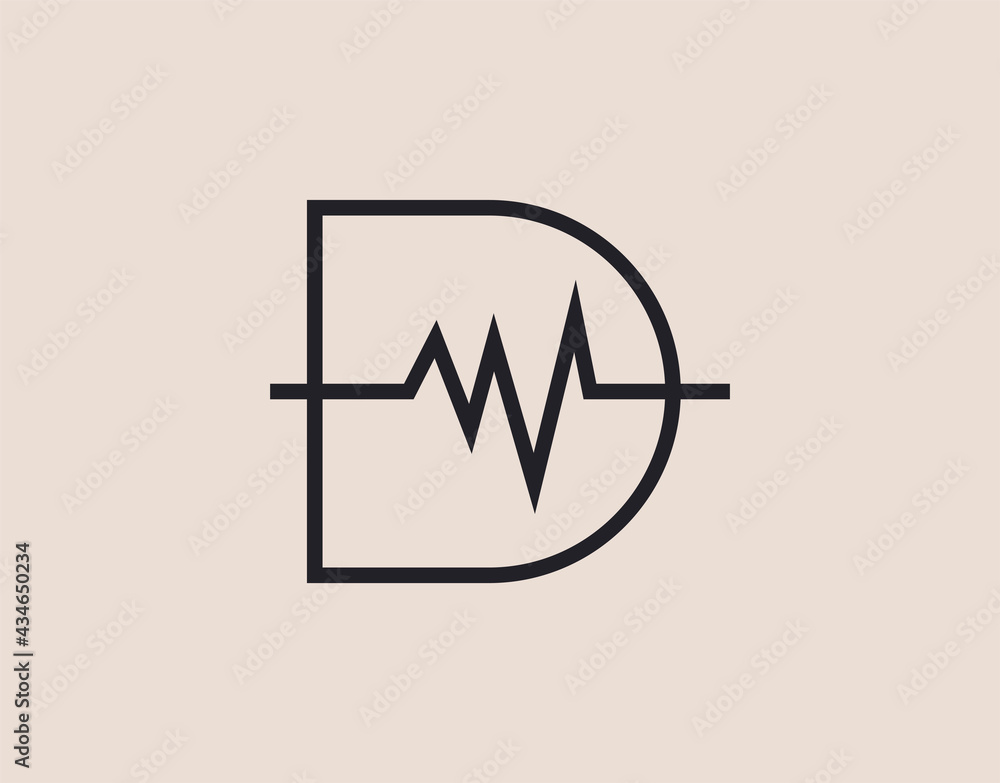 D Letter Initial with cardiogram Logo Design Template. Business, Company, Corporate, Medical Icon Line Art Vector