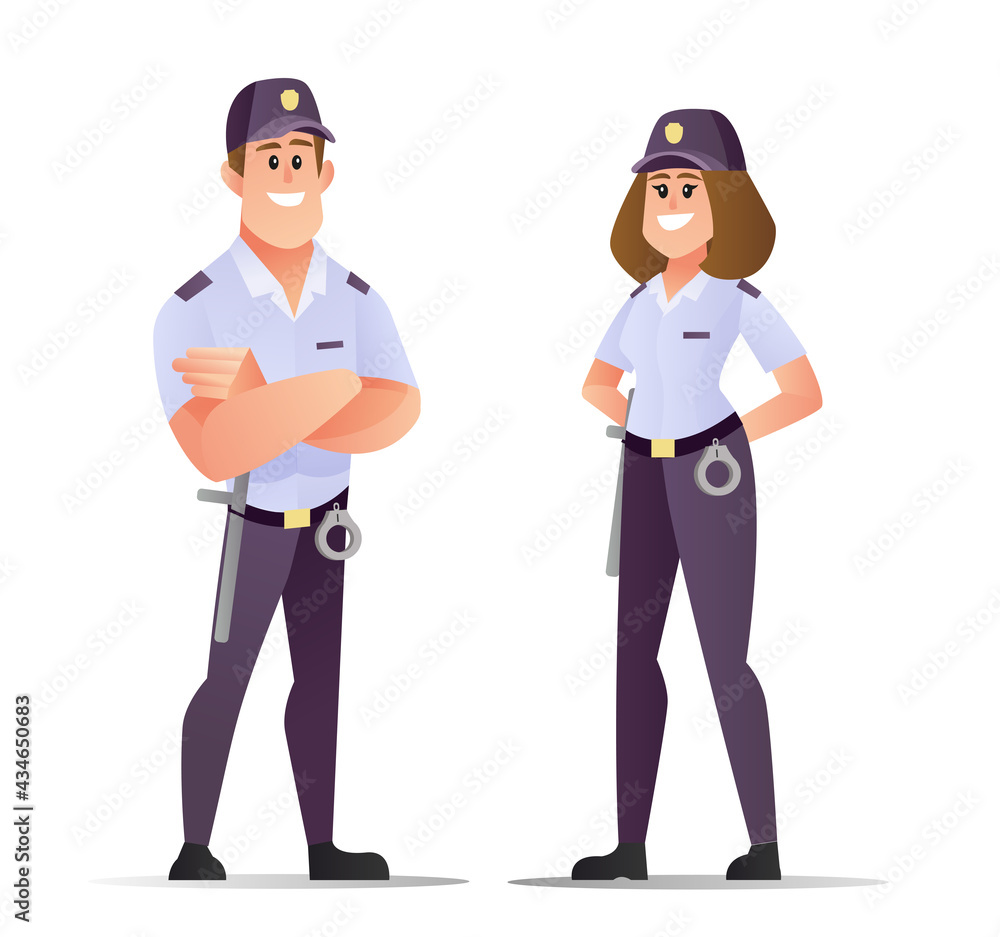 Male and female security character in flat cartoon