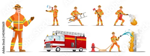 Set of firefighter characters with different poses illustration
