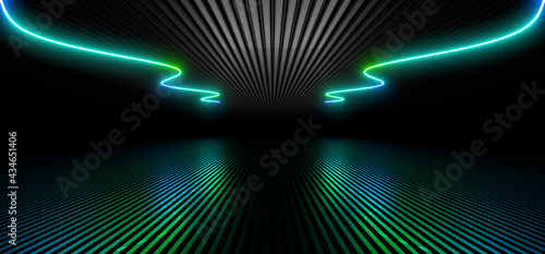 Fototapeta Naklejka Na Ścianę i Meble -  Sci Fy neon lamps in a dark hall. Reflections on the floor and walls. 3d rendering image.