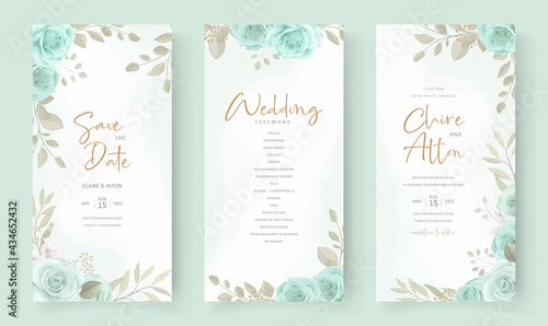 Elegant wedding invitation template with turquoise color floral ornament