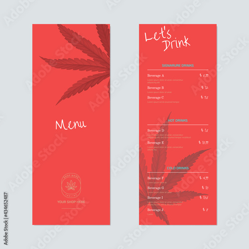 Beverage menu template design, dark red cannabis leaves on red