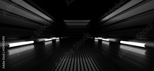Fototapeta Naklejka Na Ścianę i Meble -  A dark hall lit by white neon lights. Reflections on the floor and walls. 3d rendering image.