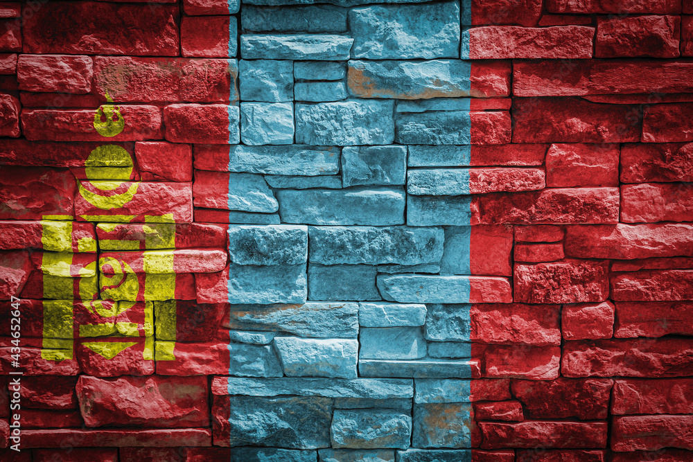 National flag of Mongolia on stone wall background.The concept of national pride and symbol of the country. Flag banner on stone texture background. National flag of Mongolia on stone wall background.The concept of national pride and symbol of the country. Flag banner on stone texture background.