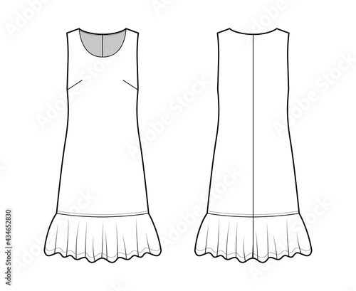 Dress dropped waist technical fashion illustration with sleeveless, oversized body, knee length skirt, round neck. Flat apparel front, back, white color style. Women, men unisex CAD mockup