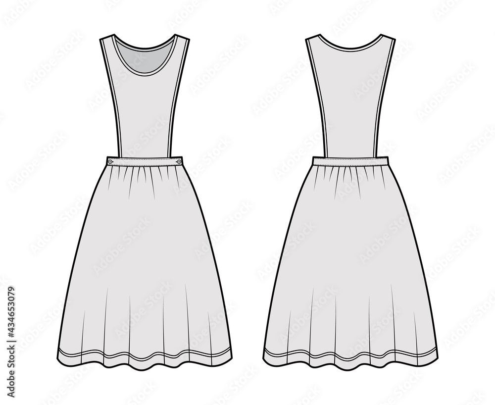 Dress pinafore apron technical fashion illustration with sleeveless, knee length full skirt. Flat apparel front, back, grey color style. Women, men unisex CAD mockup Dress pinafore apron technical fashion illustration with sleeveless, knee length full skirt. Flat apparel front, back, grey color style. Women, men unisex CAD mockup