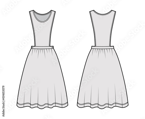 Dress pinafore apron technical fashion illustration with sleeveless  knee length full skirt. Flat apparel front  back  grey color style. Women  men unisex CAD mockup