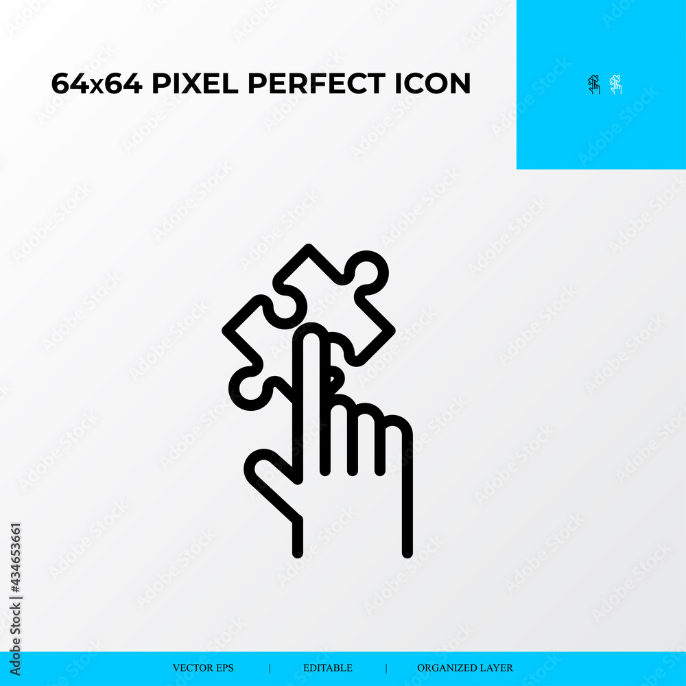 Problem solving and Solution Icon Concept. hand and piece of puzzle. 64x64 vector line icon style. Problem solving and Solution Icon Concept. hand and piece of puzzle. 64x64 vector line icon style.