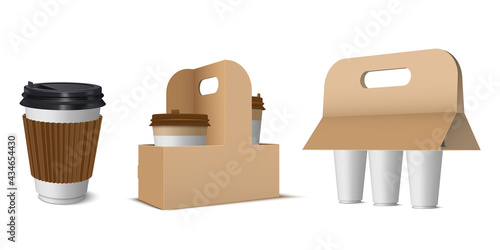 Collection of craft paper cardboard holders for hot coffee vector illustration take away drinks