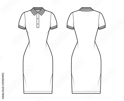 Dress polo fashion illustration with short sleeves, fitted body, knee length pencil skirt, henley neckline. Flat apparel front, back, white color style. Women, men unisex CAD mockup
