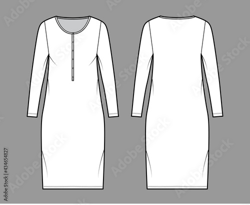 Dress henley collar technical fashion illustration with long sleeves, oversized body, knee length pencil skirt. Flat apparel front, back, white color style. Women, men unisex CAD mockup