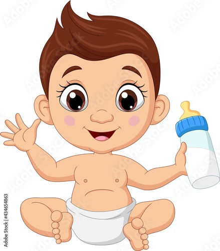 Cartoon little boy sitting with bottle milk