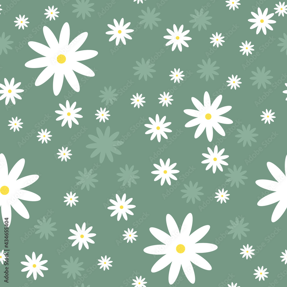Daisy pattern. Floral seamless pattern from chamomile, on a green background. Textiles and fabrics for baby, child, kid. Spring Summer Field Meadow for Decoration, wrapping from flower daisy. Vector Daisy pattern. Floral seamless pattern from chamomile, on a green background. Textiles and fabrics for baby, child, kid. Spring Summer Field Meadow for Decoration, wrapping from flower daisy. Vector