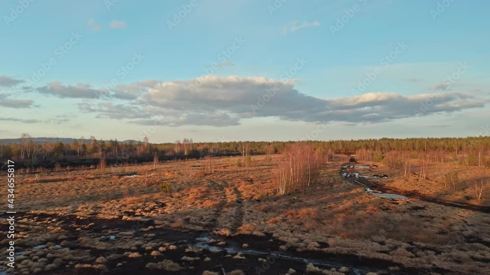 Peat bog in Poland. Aerial forward Peat bog in Poland. Aerial forward