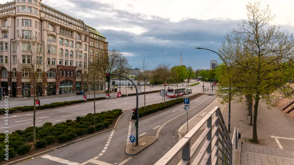 Moving time lapse of beautiful historic building of Kunsthalle with huge intersection, traffic and Heinrich Hertz Tower in Hamburg, Germany.