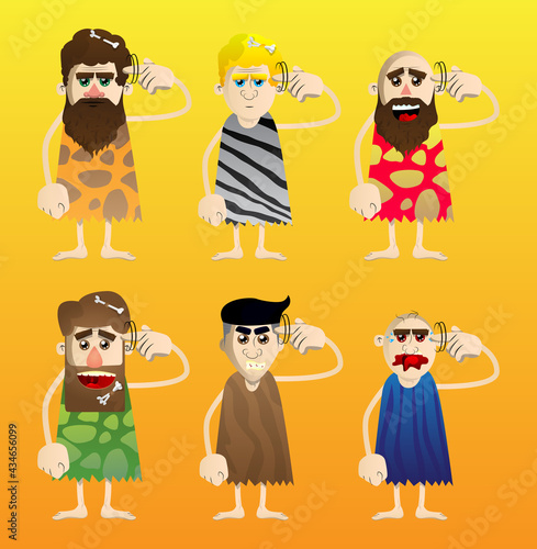Cartoon prehistoric man shows a you're nuts gesture by twisting his finger around his temple. Vector illustration of a man from the stone age.