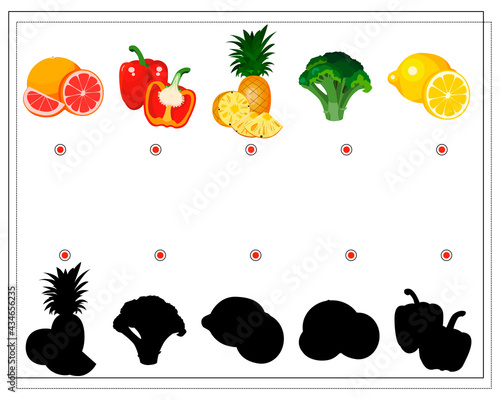 puzzle game for kids find the right shade, fruits and vegetables. grapefruit, pepper, pineapple, broccoli, lemon. vector isolated on a white background