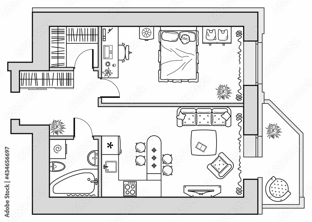 Planning of an apartment with furniture arrangement. Architectural