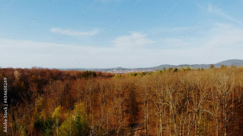 Ascending aerial shot of beautiful forest and city in background during sunny day with blue sky. Ascending aerial shot of beautiful forest and city in background during sunny day with blue sky.