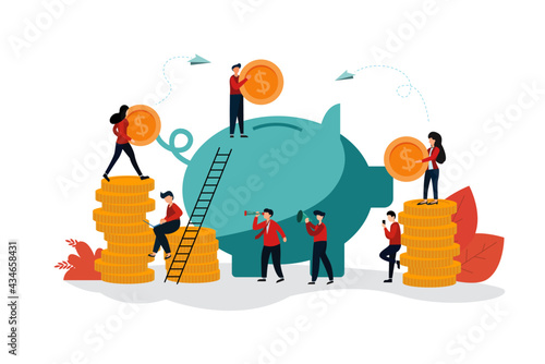 Flat illustration, saving money of people by putting coins into a big pig piggy bank on a white background.