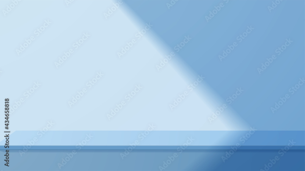 Empty blue studio table with beautiful lights and shadows. blank stand display or showing product. Realistic 3D vector. Empty blue studio table with beautiful lights and shadows. blank stand display or showing product. Realistic 3D vector.