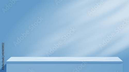 Empty blue studio table with beautiful lights and shadows. blank stand display or showing product. Realistic 3D vector.