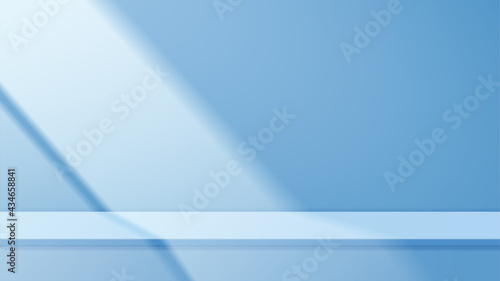 Empty blue studio table with beautiful lights and shadows. blank stand display or showing product. Realistic 3D vector.