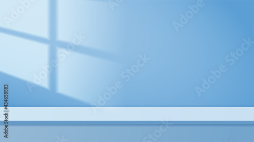 Empty blue studio table with beautiful lights and shadows. blank stand display or showing product. Realistic 3D vector.