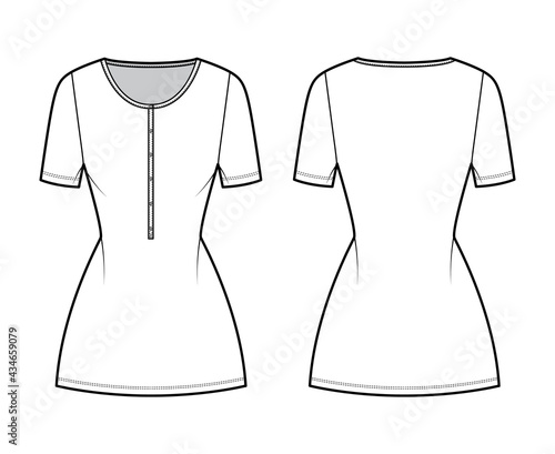 Dress henley collar technical fashion illustration with short sleeves, fitted body, mini length pencil skirt. Flat apparel front, back, white color style. Women, men unisex CAD mockup